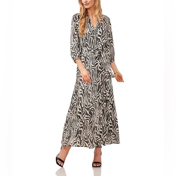 VINCE CAMUTO NWT Zebra Belted Maxi Shirt Dress Long Womens Medium Classic Office - Picture 1 of 15